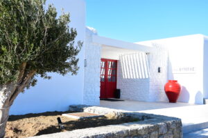 the entrance of our offices in the new building at plakota mykonos island