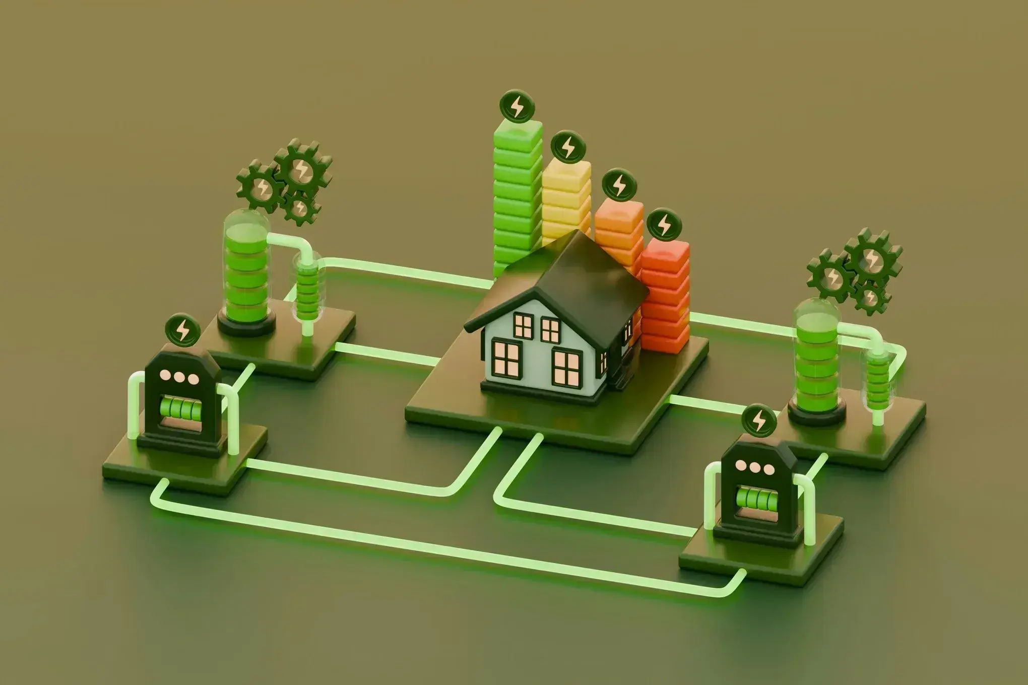 Smart home energy system showing residential house connected to renewable energy sources, wind turbines, and battery storage with power distribution network