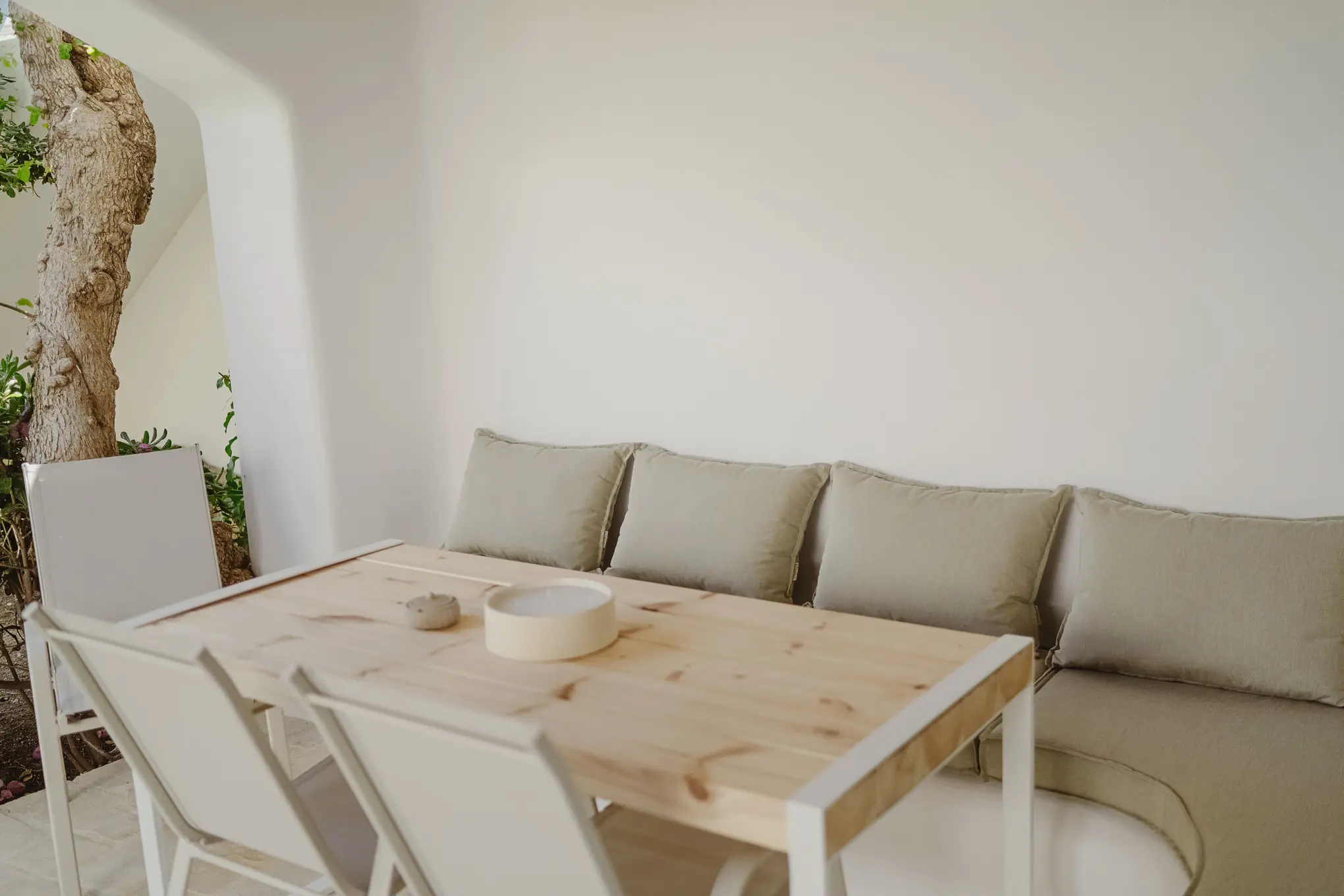 Minimalist dining area with cushions